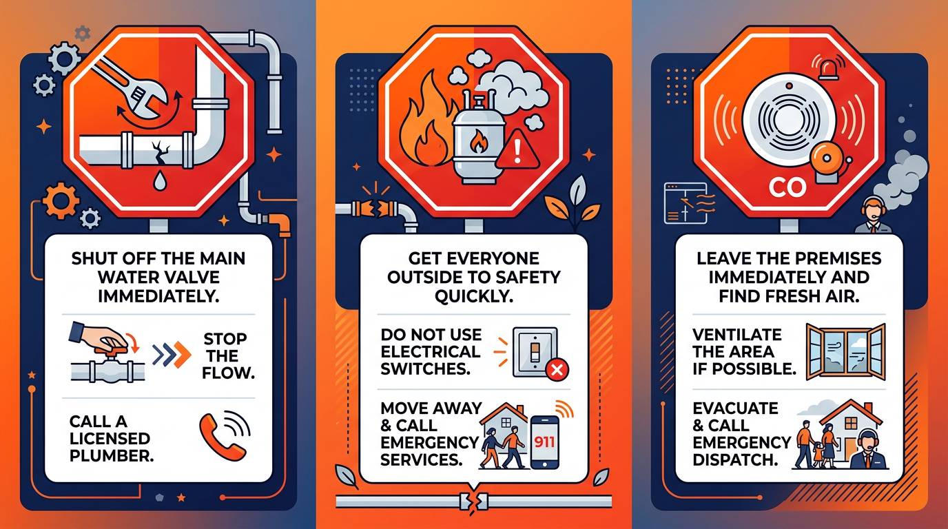 Infographic with three emergency categories: gas leak, flooding, and carbon monoxide alarm, each illustrated with a stop-sign icon and concise safety instructions in orange, navy, and white.
