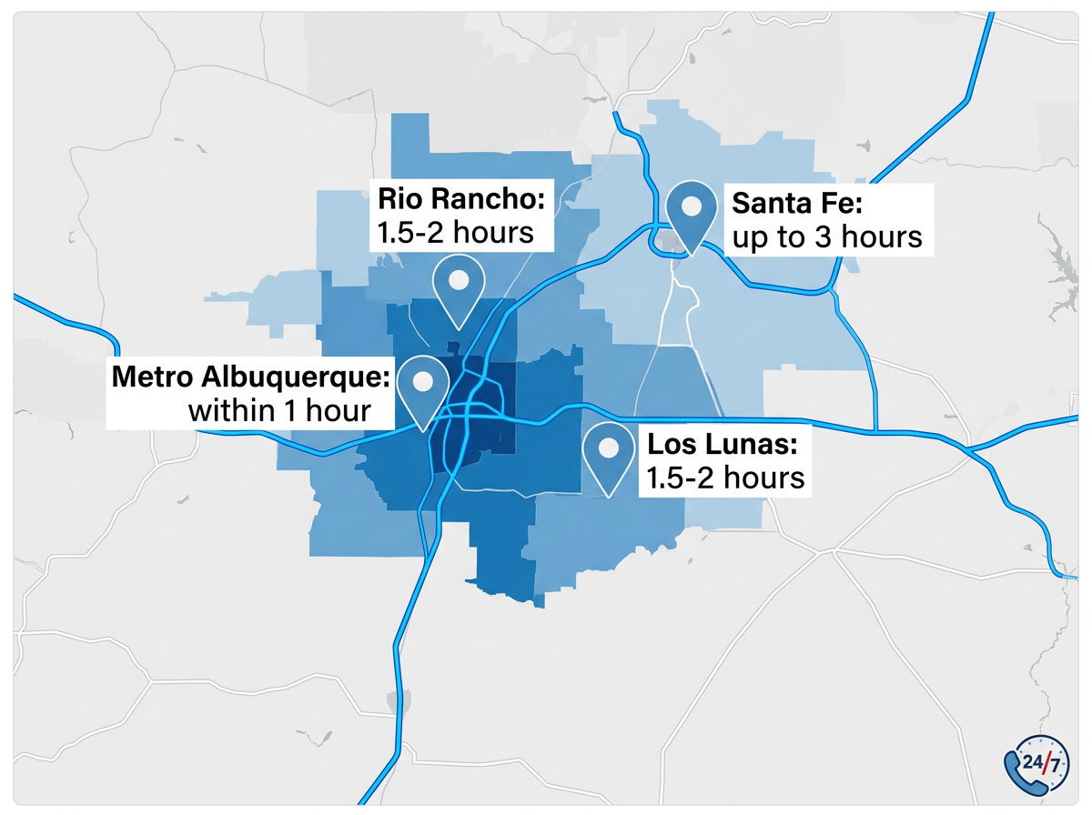 Service area map for Ortega Plumbing Heating & Air, showing response times in minutes across Albuquerque, Rio Rancho, Los Lunas, and Santa Fe