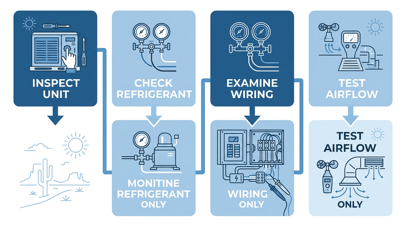Plumbing HVAC diagnostic process diagram showing four technician inspection steps with icons and arrows on blue gradient background.