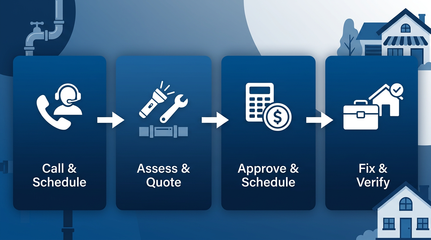 Four-step vertical process flow for scheduling plumbing service from Ortega Plumbing: phone consultation, on-site inspection, up-front pricing, service completion.