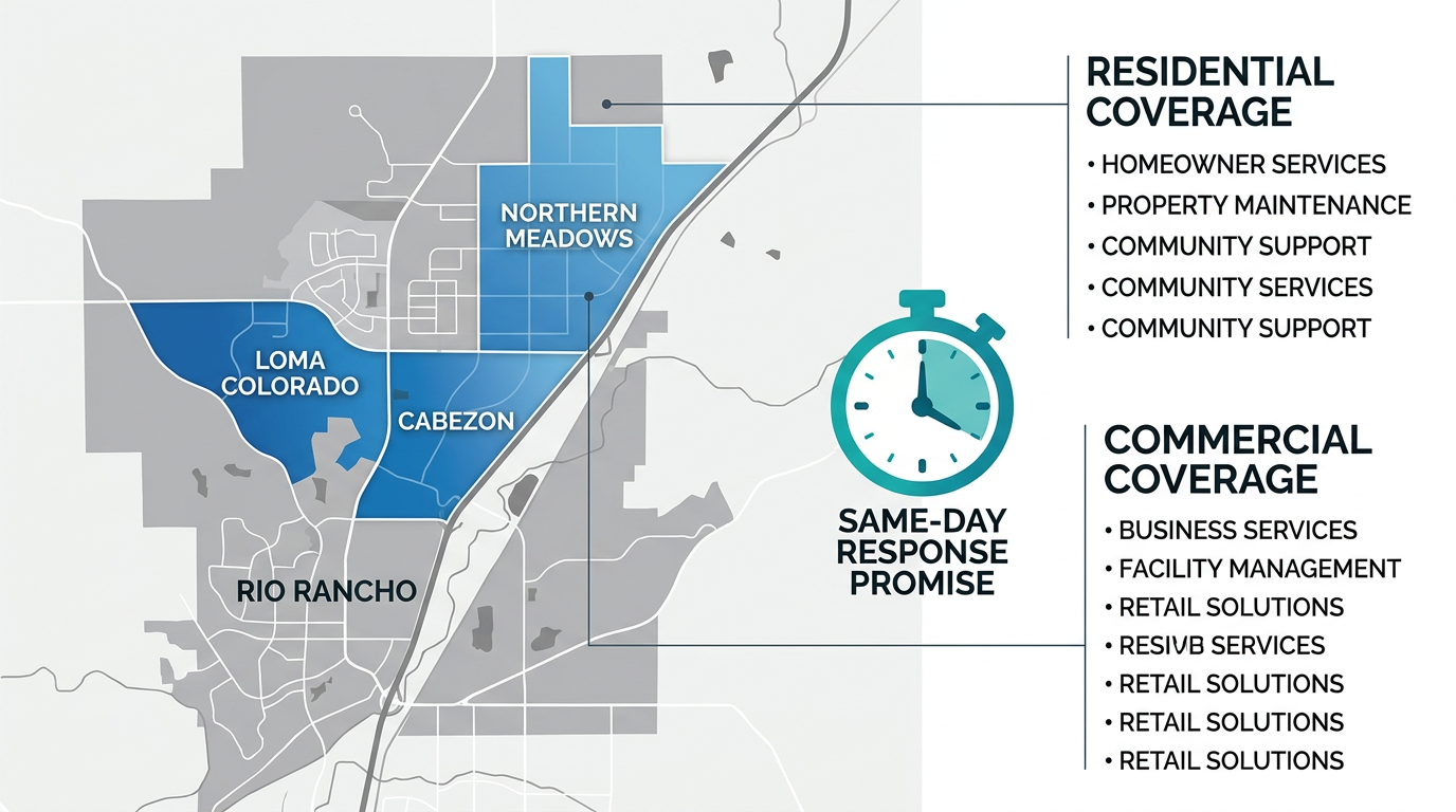 Infographic showing a stylized map of Rio Rancho with highlighted neighborhoods and a clock icon representing same-day response service.