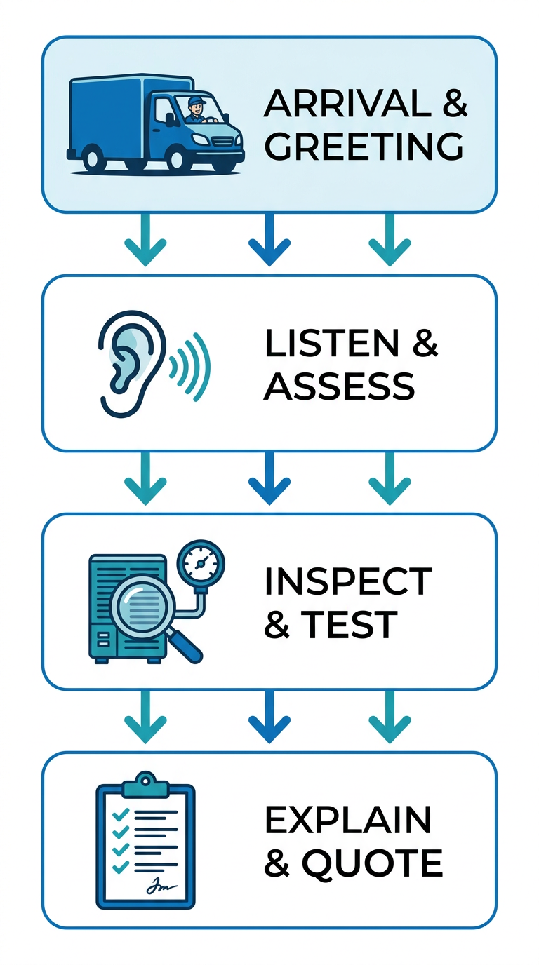Four-step vertical process flow showing HVAC diagnostic process: arrival and greeting, listen and assess, inspect and test, explain and quote, with icons and blue-teal color scheme.