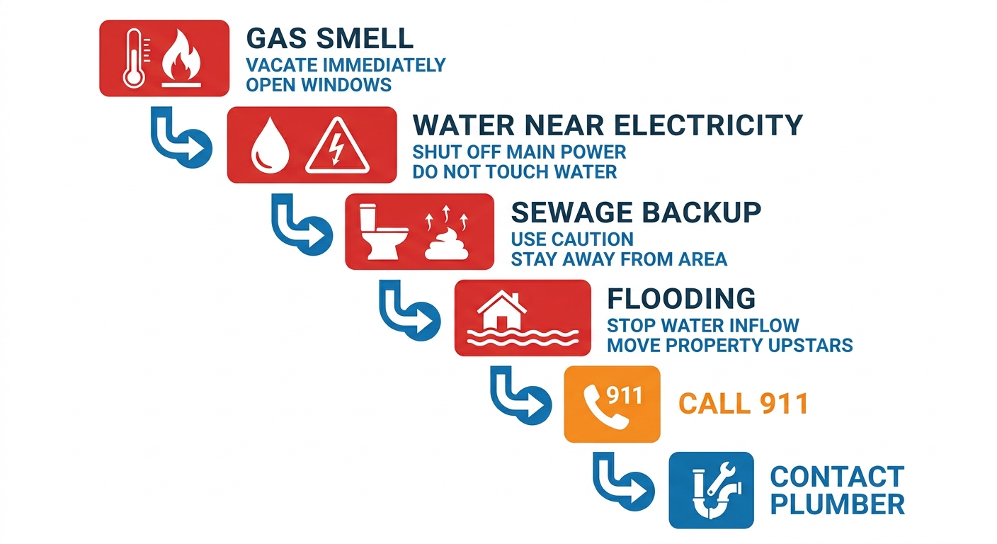 Vertical emergency triage flow with red warning blocks for gas, electricity, sewage, and flooding leading to an orange call 911 step and blue contact plumber step.