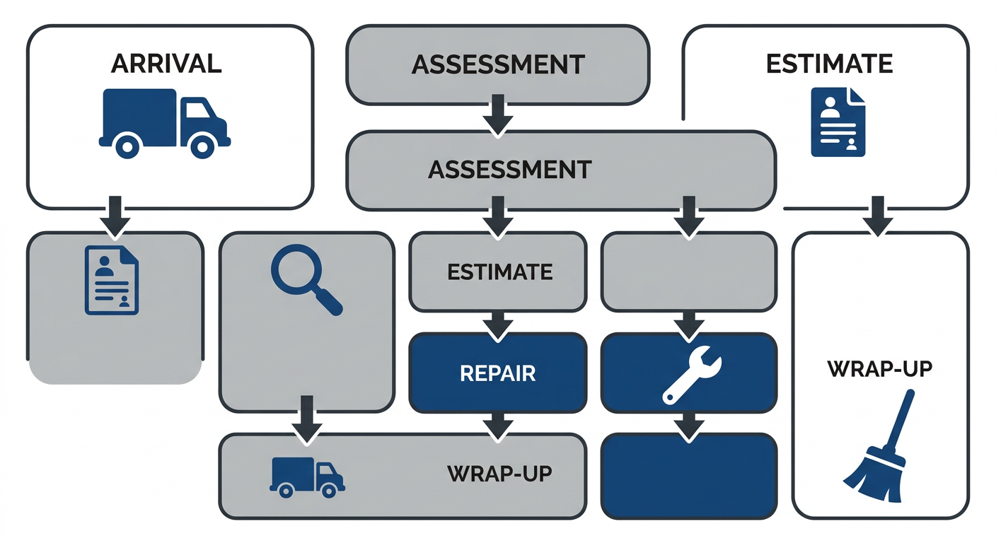 Illustrated process of technician arrival and service call for Ortega Plumbing Heating & Air showing five steps with icons and arrows