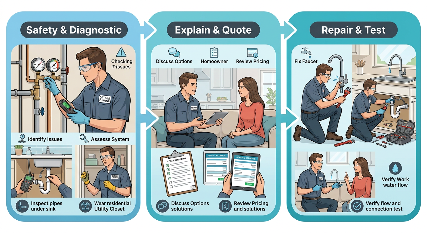 Horizontal process flow showing three steps of a plumbing technician visit: safety and diagnostic, explanation and quote, repair and test.
