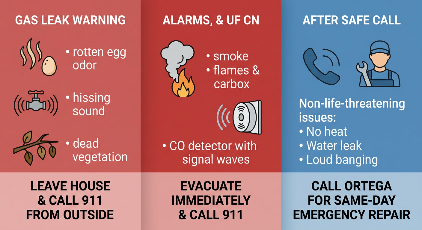 Safety infographic with three vertical panels for gas leak emergency, fire or carbon monoxide alarm, and contacting Ortega for non-life-threatening issues