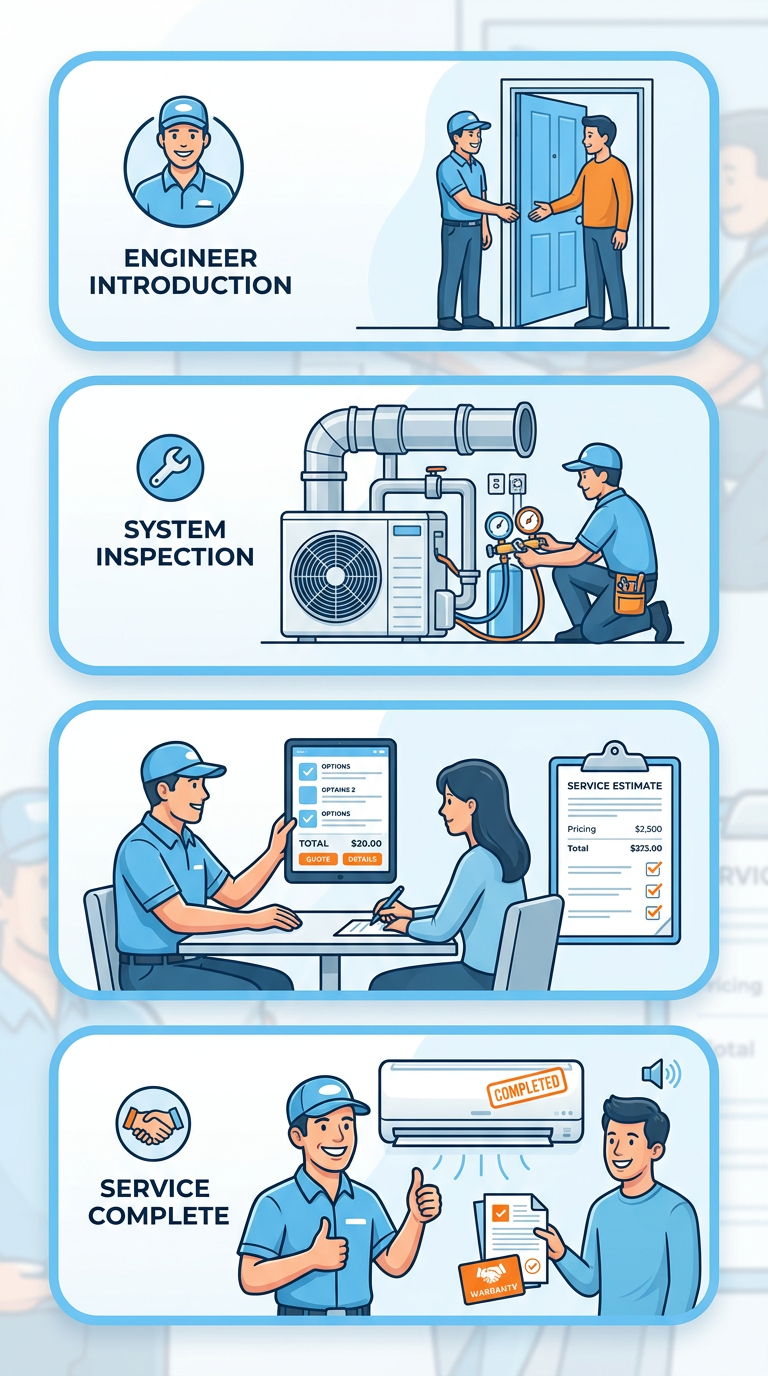 Four-step vertical process flow for HVAC repair service: technician introduction, system inspection, transparent pricing discussion, and service completion.