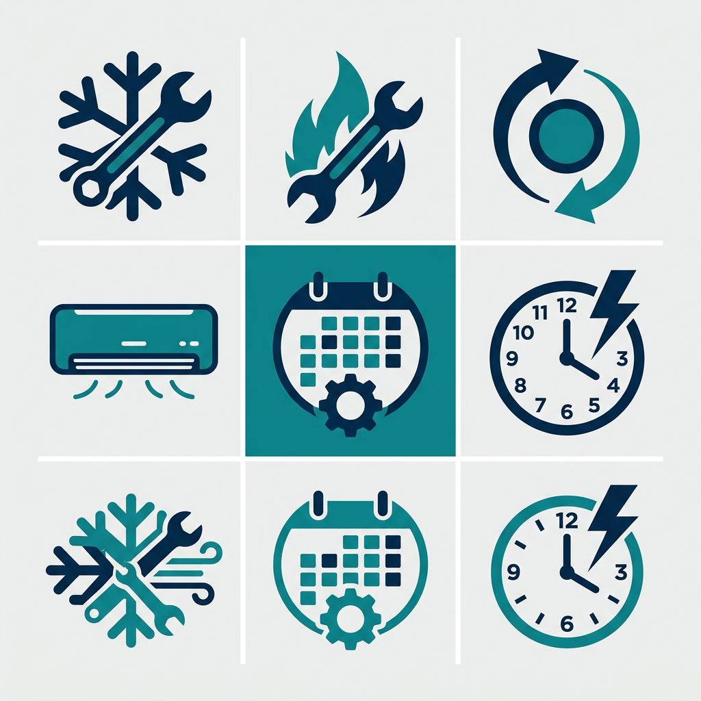 Set of six icons representing HVAC services including AC repair, furnace repair, heat pump, ductless mini-split, AC maintenance, and emergency repair in teal and navy blue.