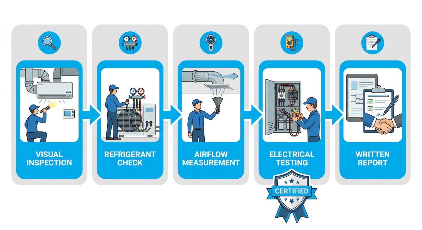 Horizontal process flow diagram showing five steps for HVAC diagnostic visit: visual inspection, refrigerant pressure check, airflow measurement, electrical component testing, and written report with repair options
