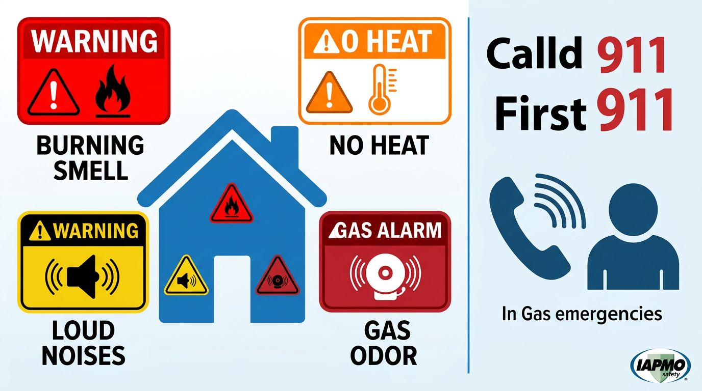 Infographic of 4 common HVAC emergency warning signs: burning smell, system failure, unusual noises, and gas odor, with safety callout.