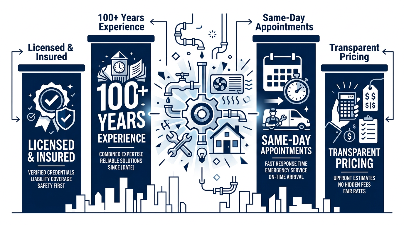 Infographic displaying four trust pillars: Licensed & Insured, 100+ Years Combined Experience, Same-Day Appointments, and Transparent Pricing, centered around an icon with Belen cityscape silhouette background