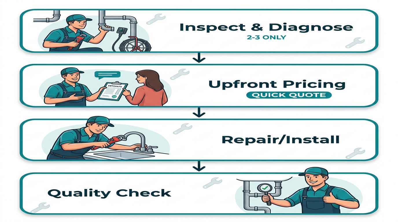 Four-step plumbing service process diagram: inspect and diagnose, upfront pricing, skilled repair or installation, and quality follow-up. Teal and white design with arrow connectors.