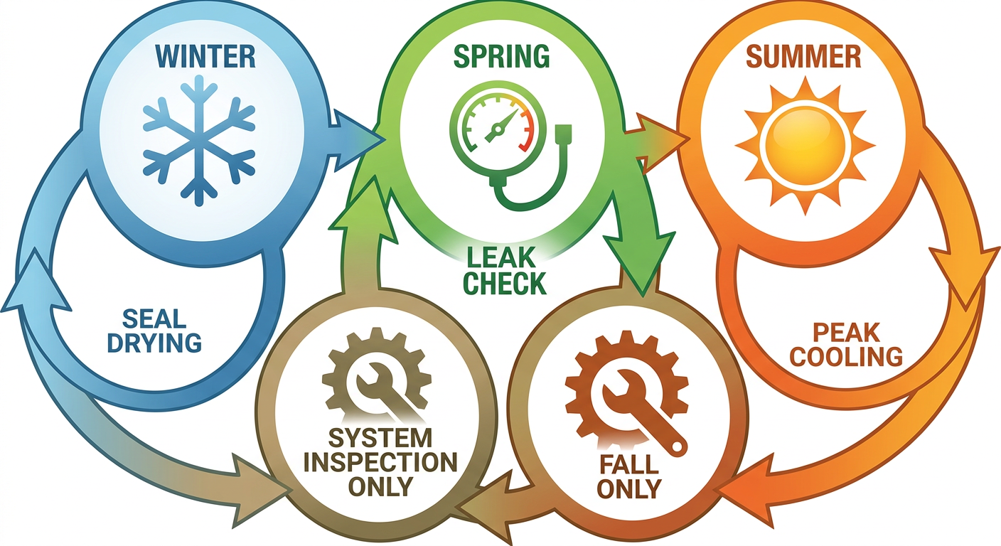 Seasonal car air conditioning maintenance cycle graphic for St. Thomas drivers.