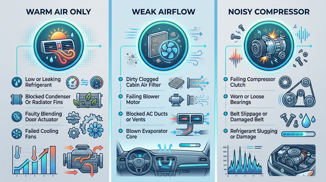 Infographic showing three common car air conditioning problems: blowing warm air, weak airflow, and unusual compressor noises.