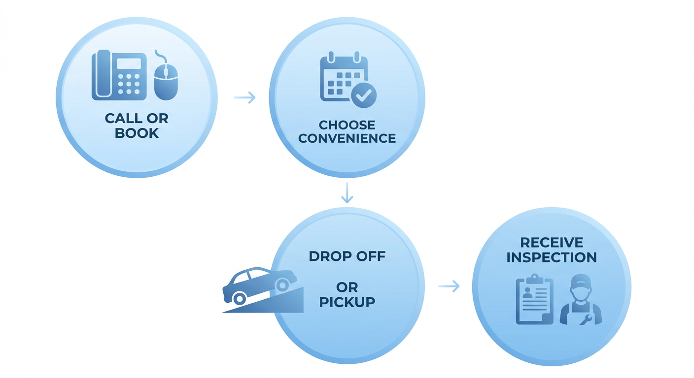 Vertical process flow diagram showing four steps to schedule auto repair service at The Auto Guys: calling or booking online, choosing convenience, drop-off or pickup, and receiving a complimentary courtesy inspection.