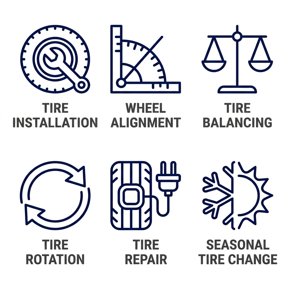Icons representing tire installation, wheel alignment, balancing, rotation, repair, and seasonal tire changes.