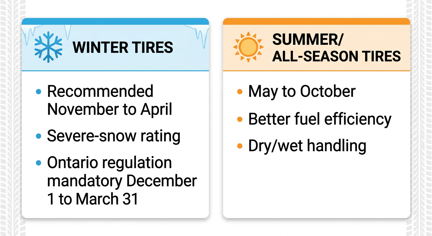 Winter and summer or all-season tire comparison graphic for St. Thomas drivers.