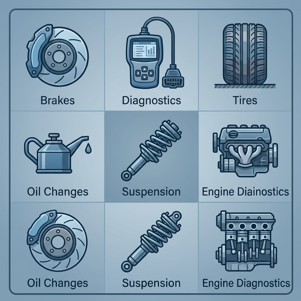 Grid of six auto repair service icons: brakes, diagnostics, tires, oil changes, suspension, and engine diagnostics.