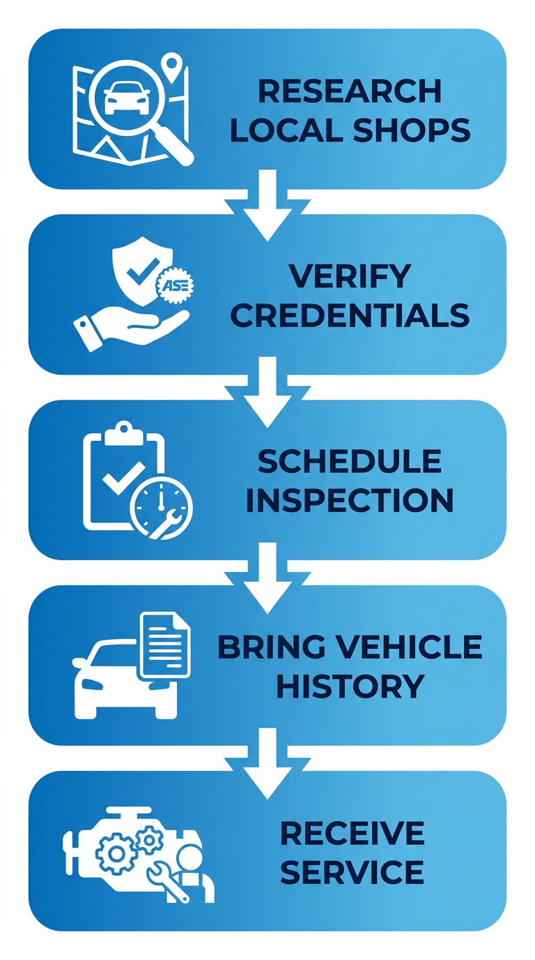 Vertical process flow diagram with 5 steps for car repair: Research Local Shops, Verify Credentials, Schedule Inspection, Bring Vehicle History, Receive Service.