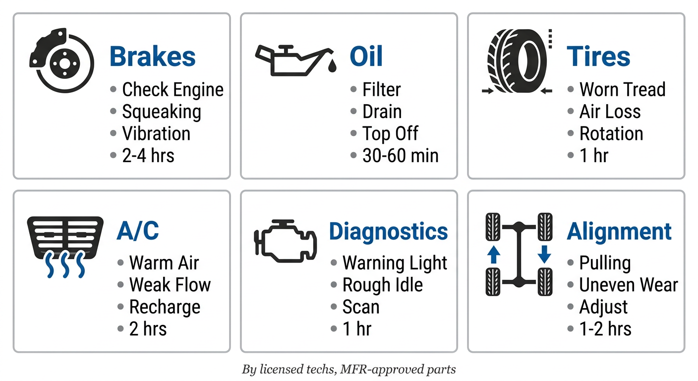 Horizontal infographic showing six common auto repair services in St. Thomas with icons, service names, symptoms, and duration: brakes, oil change, tires, A/C, diagnostics, and alignment