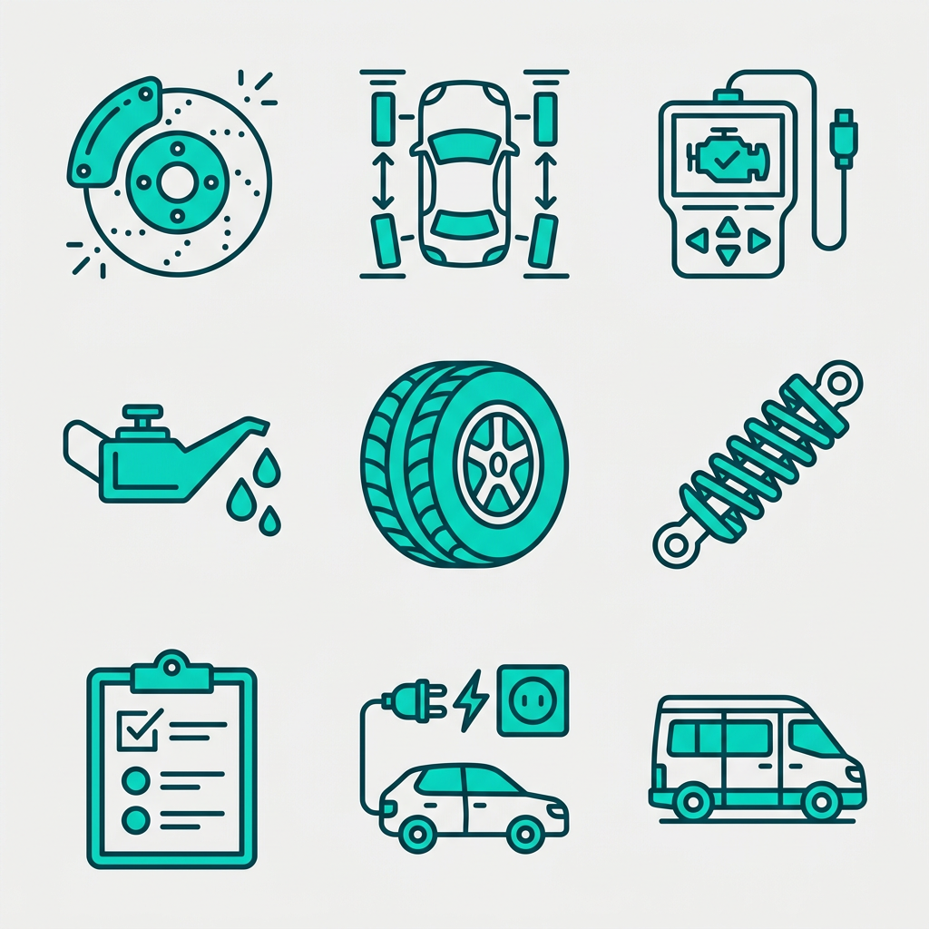 Grid of nine outline icons representing auto repair services including brakes, alignment, diagnostics, oil, tires, suspension, safety inspection, EV charging, and shuttle service
