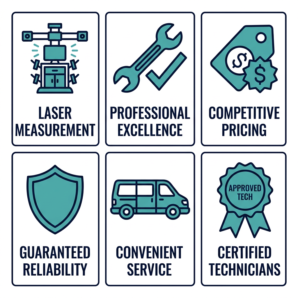 Grid of 6 icons showing The Auto Guys wheel alignment service benefits including modern equipment, certified technicians, value pricing, warranty-safe servicing, convenience shuttle, and CAA Bronze Award.