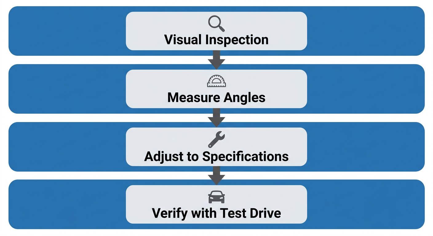 Vertical process flow of four steps for wheel alignment check: Visual Tire Inspection with magnifying glass, Measure Angles with protractor, Adjust to Specifications with wrench, and Verify with Test Drive with car icon, in blue and gray.