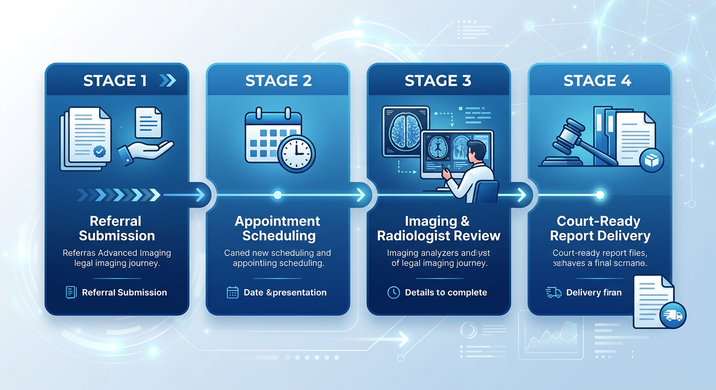 Horizontal process flow diagram showing four steps of the imaging journey for attorneys: Referral Submission, Appointment Scheduling, Imaging & Radiologist Review, and Court-Ready Report Delivery.