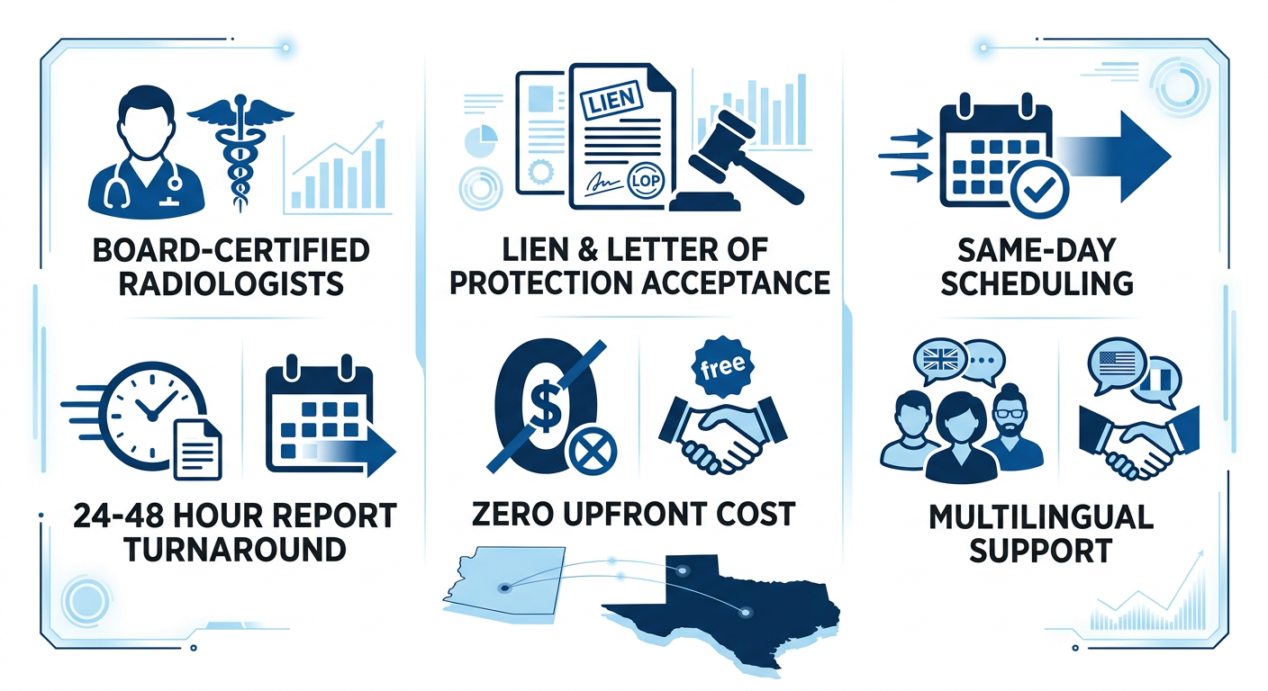 Infographic comparing three key qualities for legal imaging partners: board-certified radiologists with fast turnaround, lien acceptance with no upfront costs, and same-day scheduling with multilingual support. Subtle map of Arizona and Texas in background.