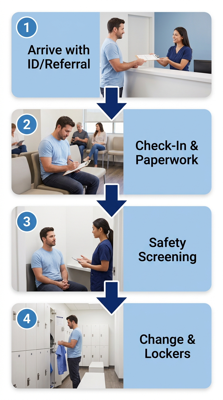 Vertical flow diagram showing four steps of patient arrival and check-in process at a diagnostic imaging center: arriving with identification, check-in and paperwork, safety screening, and changing into gown.