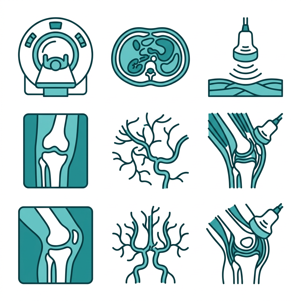 Grid of six diagnostic imaging icons: MRI, CT, ultrasound, X-ray, CT angiography, and musculoskeletal ultrasound in teal outline style on white background.