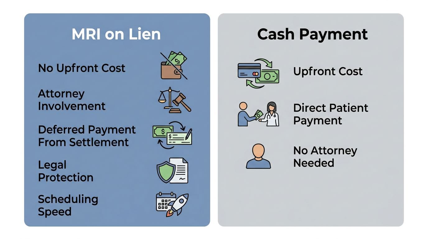 Infographic comparing obtaining an MRI on lien versus paying cash