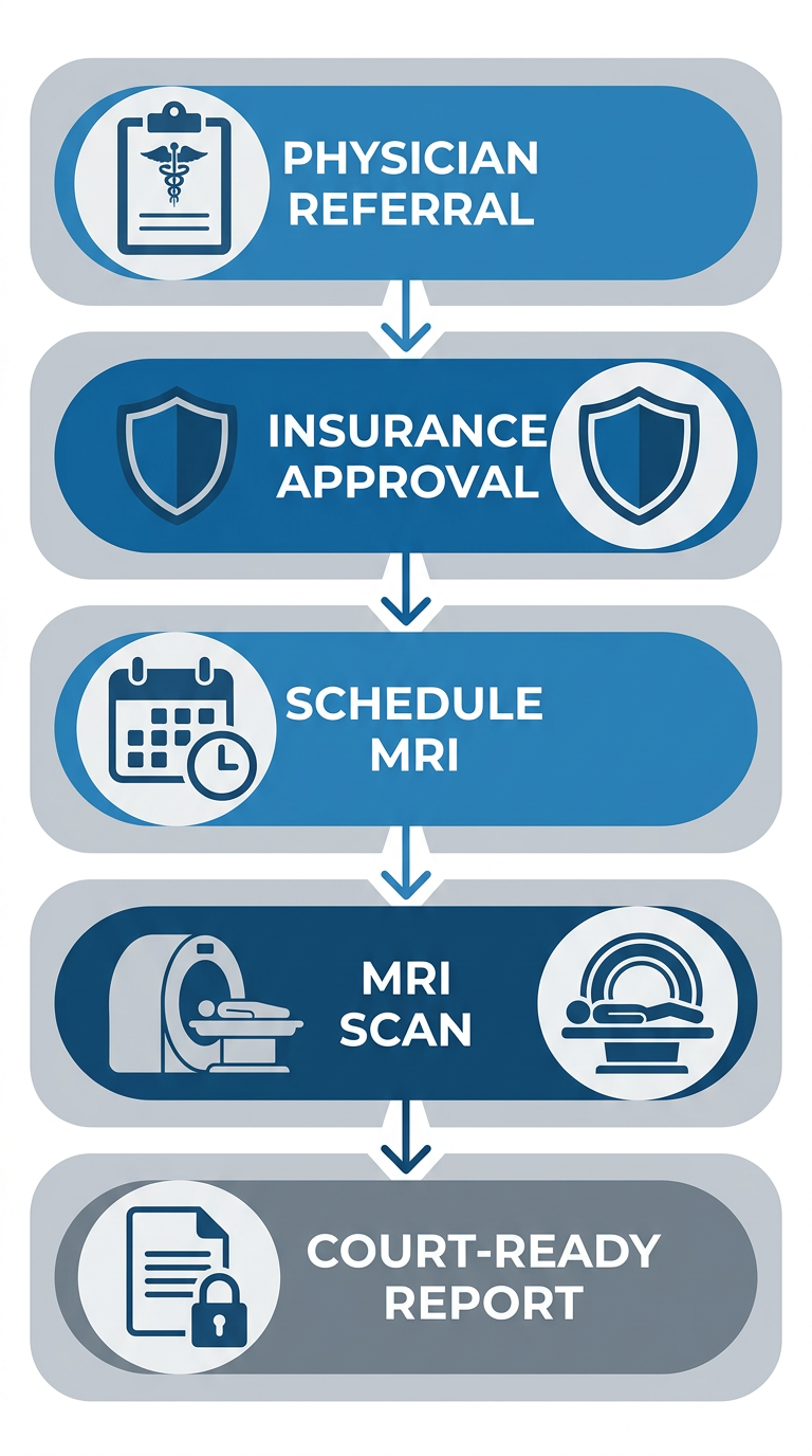 Vertical process flow diagram showing five steps for obtaining an MRI for an injury claim, from physician referral to court-ready report.