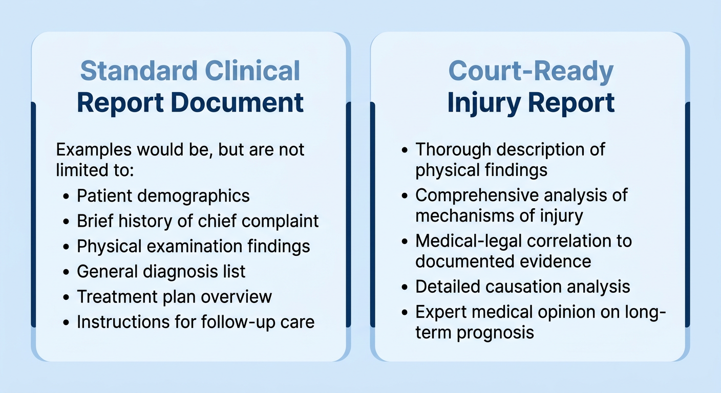 Infographic comparing a standard clinical MRI report (left) with a court-ready personal injury MRI report (right), featuring bullet points and labels on each side.