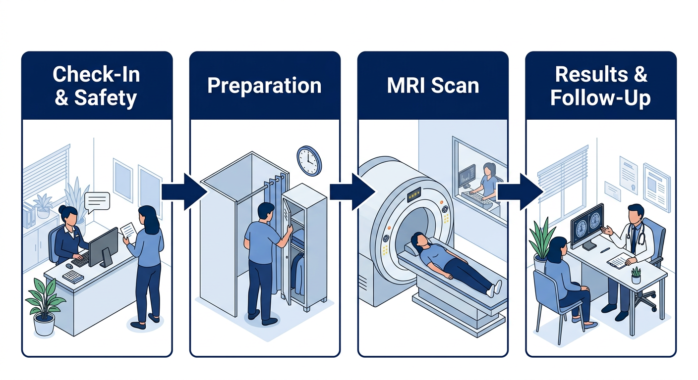 Four-step horizontal process flow showing MRI patient journey from check-in through results