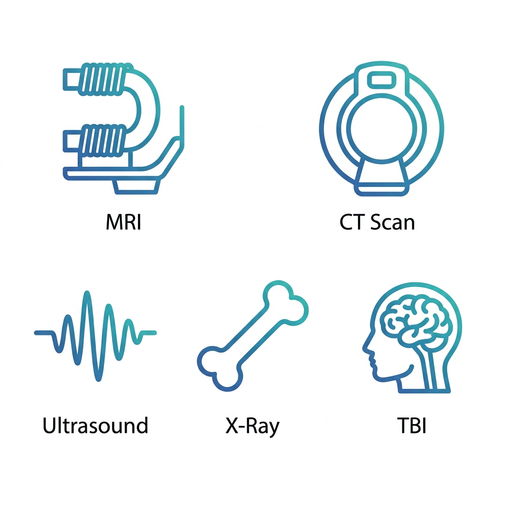 Set of five diagnostic imaging icons: MRI, CT scan, ultrasound, X-ray, and TBI brain scan, each with label beneath, on white background.