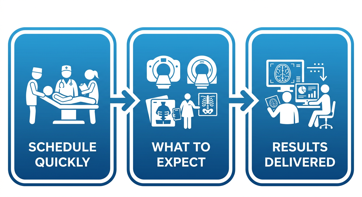 Horizontal three-step process flow for MRI after car accident: Schedule Quickly, What to Expect, Results Delivered.