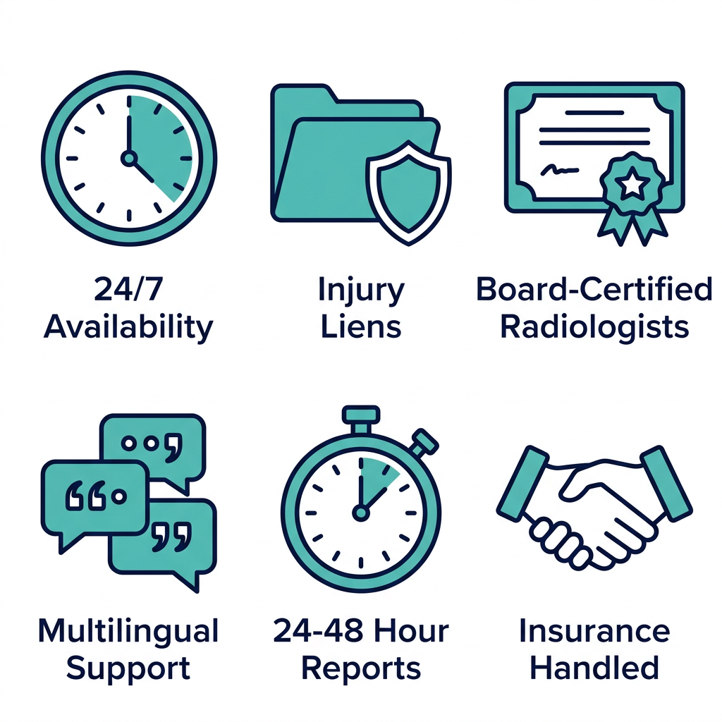 Icon set showing patient benefits: clock for 24/7 availability, file with shield for injury liens accepted, certificate for board-certified radiologists, chat bubbles for multilingual support, stopwatch for 24-48 hour reports, and handshake for insurance handling.