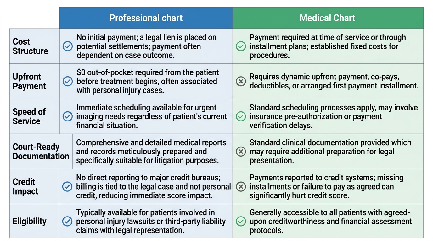 Two-column comparison chart of radiology billing options: attorney referral lien MRI vs payment plan MRI, with six criteria.