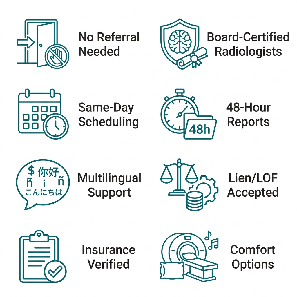 Icon set showing walk-in MRI convenience features: eight icons with labels for no referral needed, same-day scheduling, multilingual support, insurance verified, board-certified radiologists, 48-hour reports, lien/LOF accepted, and comfort options.