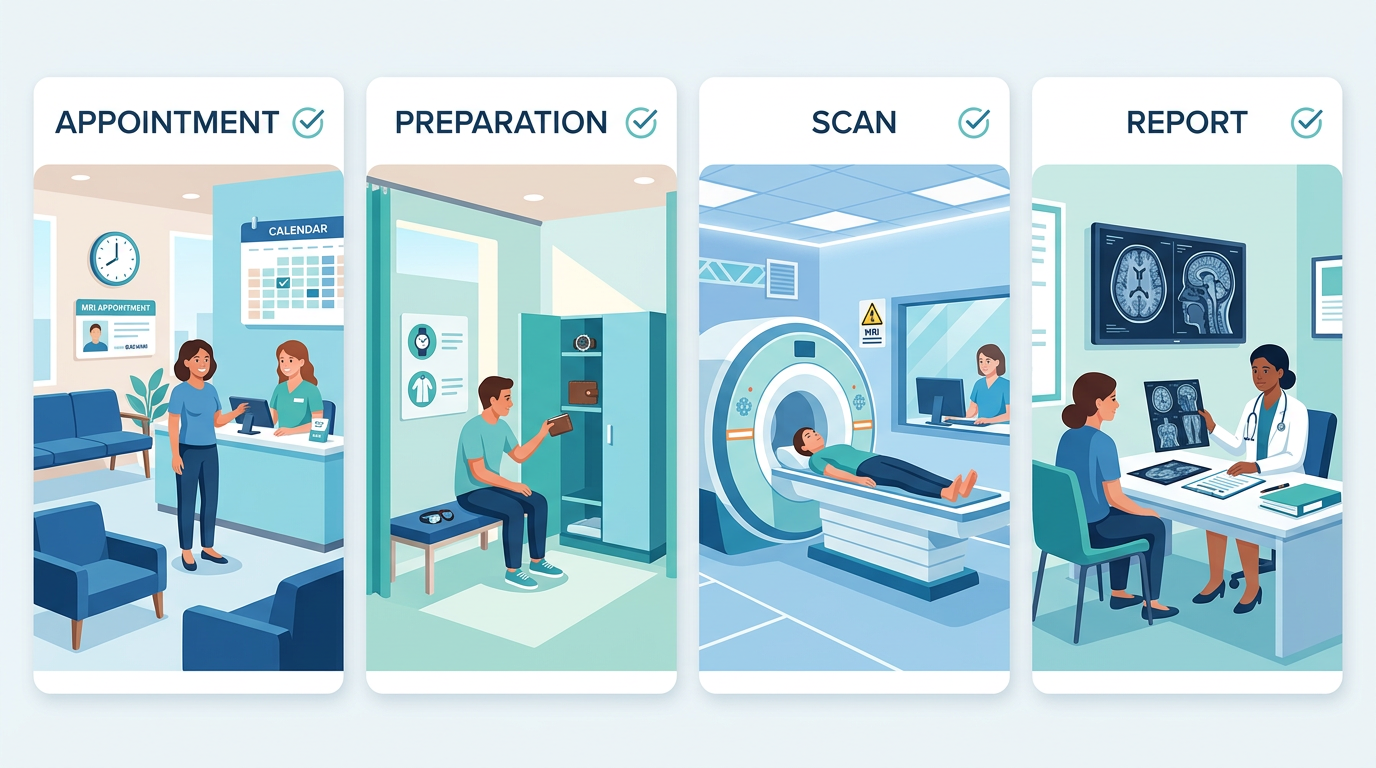 Process flow showing four steps of same-day MRI: appointment, preparation, scan, report.