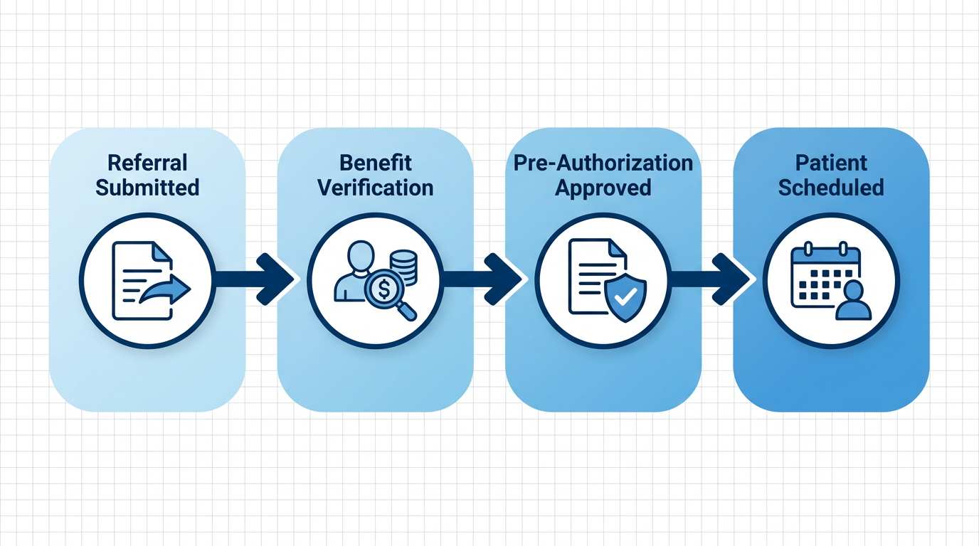 4-step process flow diagram showing the pre-authorization imaging workflow: physician referral submitted, insurance benefit verification, pre-authorization approval obtained, patient notified and scheduled.