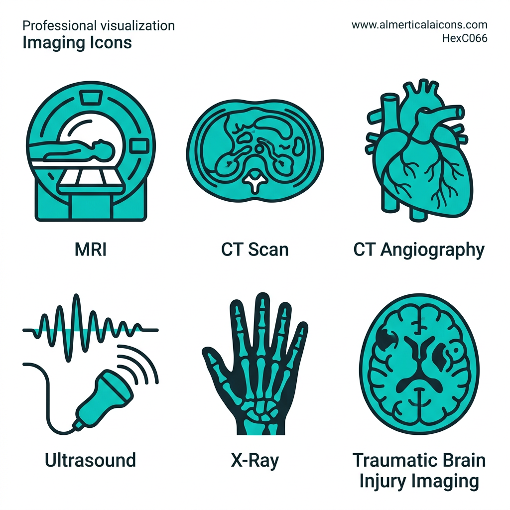 Collection of diagnostic imaging modality icons including MRI, CT scan, CT angiography, ultrasound, X-ray, and traumatic brain injury imaging, each with a concise label on a white background.