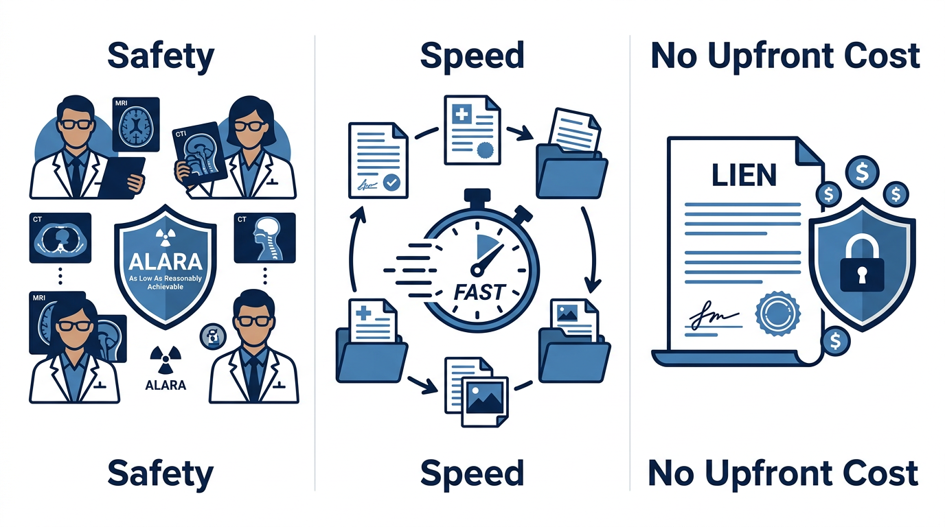 A clean three-column infographic summarizing core commitments for personal injury imaging: Safety (board-certified radiologists, ALARA), Speed (fast report delivery), and No upfront cost (liens and letters of protection). Professional blue and white palette, modern sans-serif icons.