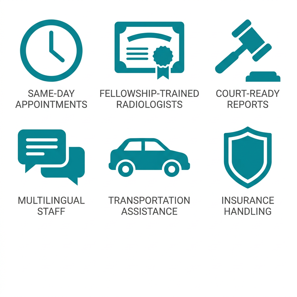 Grid of six flat icons for sports injury MRI services including same-day appointments, fellowship-trained radiologists, court-ready reports, multilingual staff, transportation assistance, and insurance handling. Teal icons on white with gray labels.