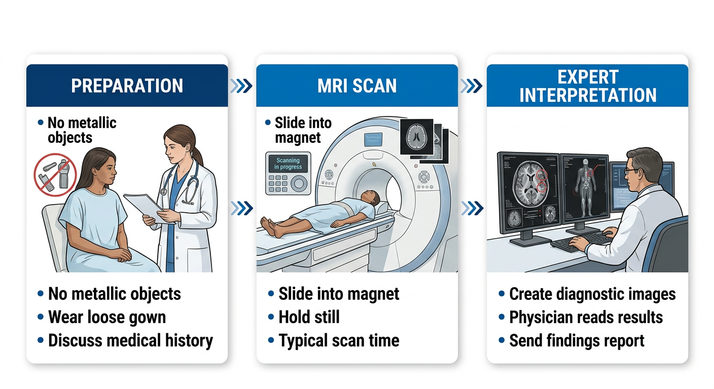 Three-step process diagram for shoulder MRI: Preparation, MRI Scan, and Expert Interpretation.