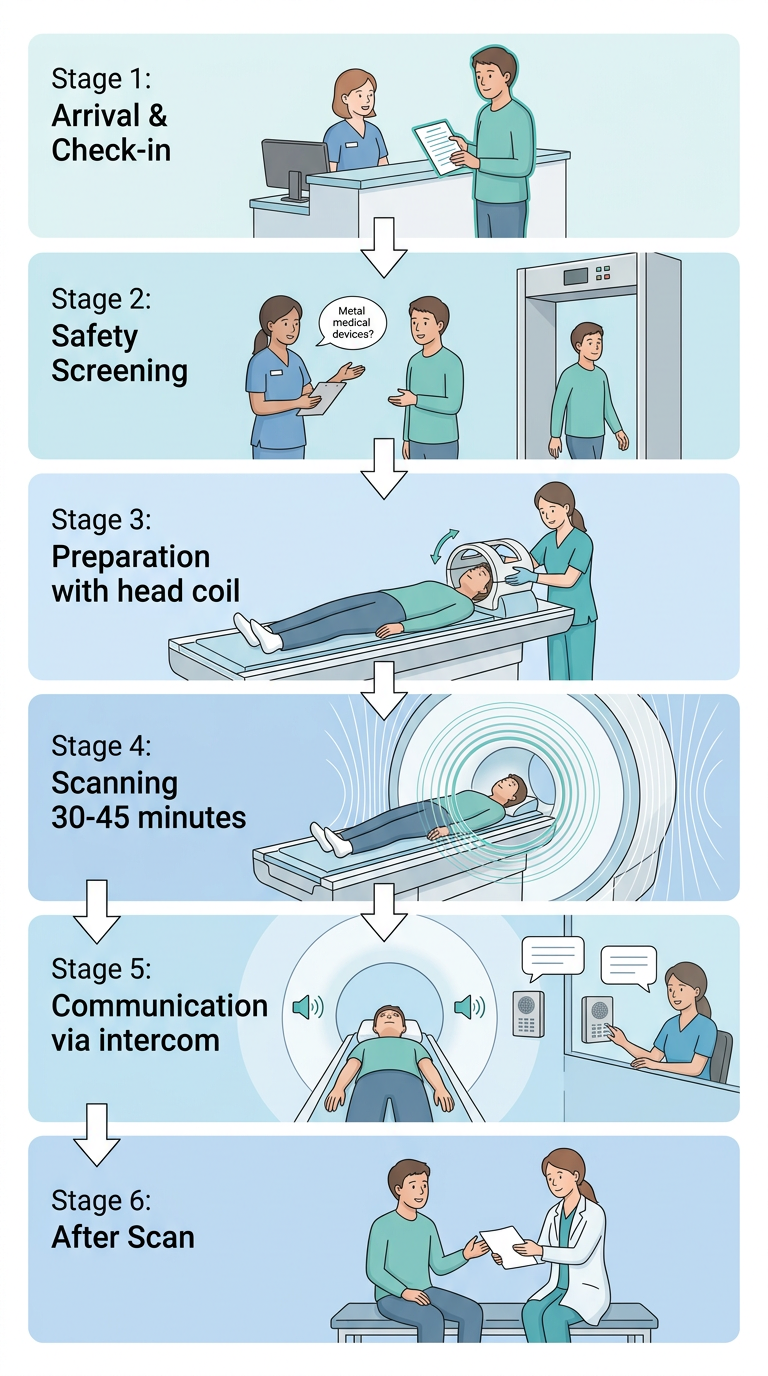 Vertical patient journey for MRI for head injury: arrival and check-in, safety screening, preparation, scanning, communication, and after scan stages.
