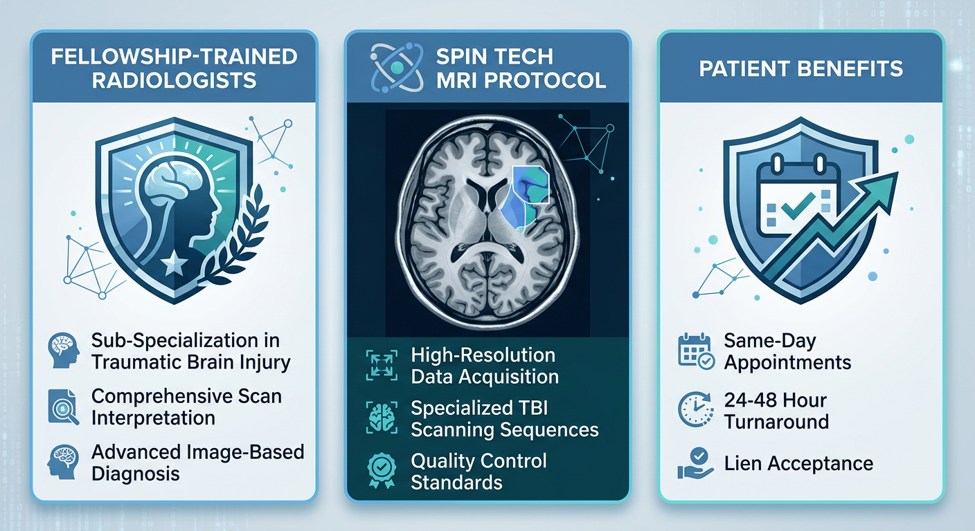 TBI imaging infographic showing fellowship-trained radiologists icon, Spin Tech MRI protocol, and patient benefits including same-day appointments