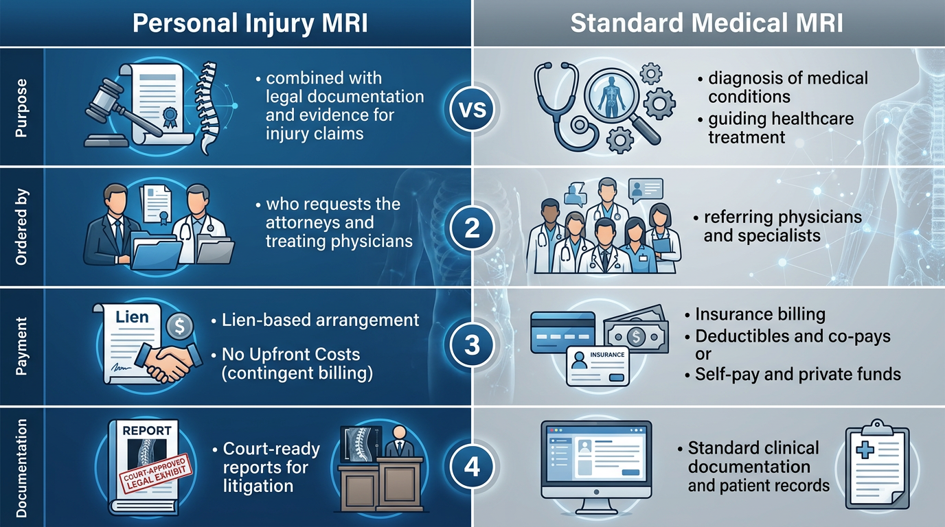 Two-column comparison infographic: Personal Injury MRI (left, blue) vs. Standard Medical MRI (right, gray). Rows show Purpose, Ordered By, Payment, and Documentation with icons.