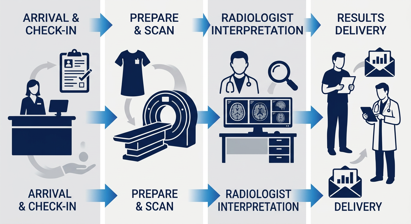 Four-step patient imaging process diagram showing arrival, scanning, interpretation, and results delivery stages.